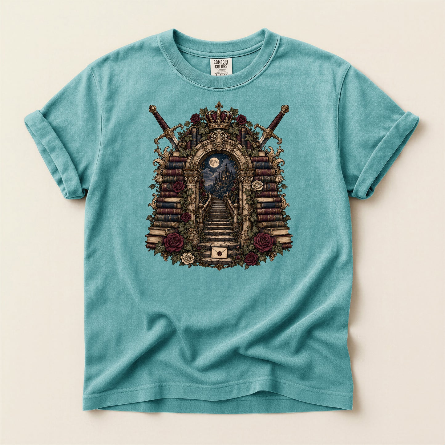Gothic Library T-Shirt — 'Keeper of Knowledge' Book Shrine Graphic Tee