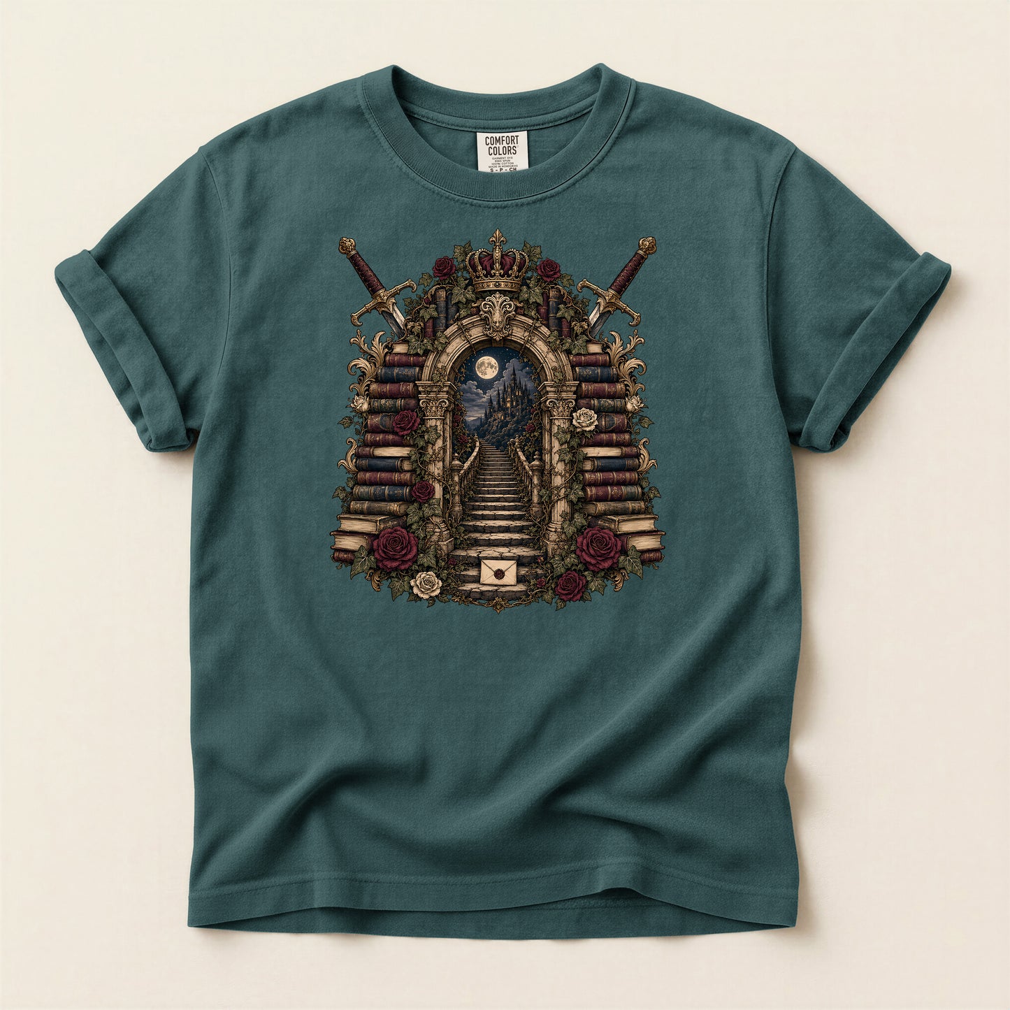 Gothic Library T-Shirt — 'Keeper of Knowledge' Book Shrine Graphic Tee