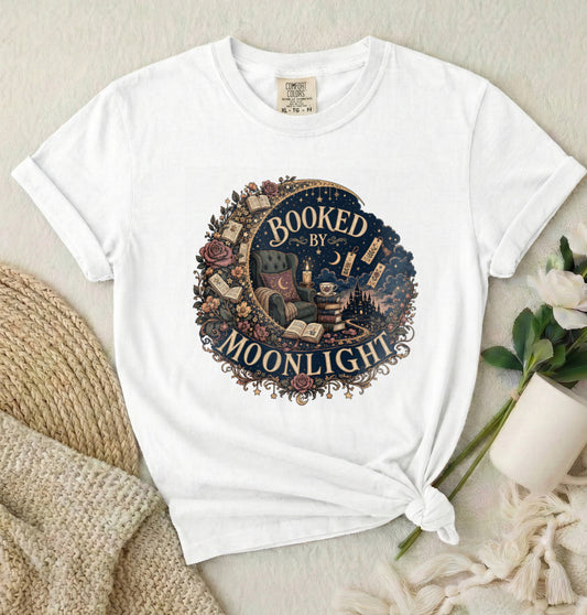 Booked by Moonlight T-Shirt — Cozy Nighttime Reading Graphic Tee