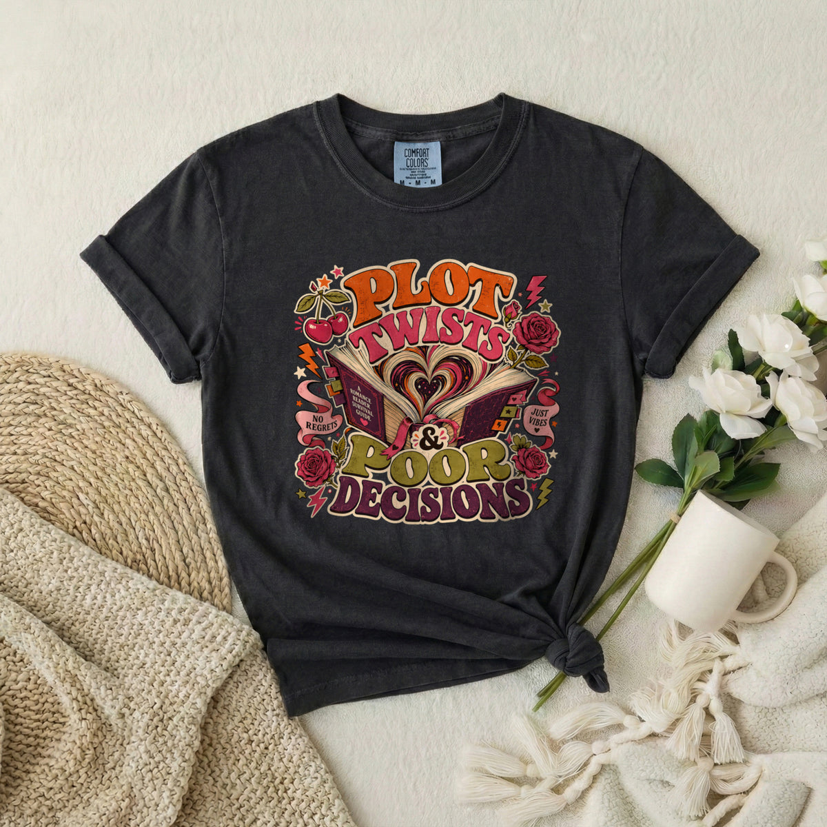 Plot Twists & Poor Decisions Graphic T-Shirt — Vintage Romance Novel Design
