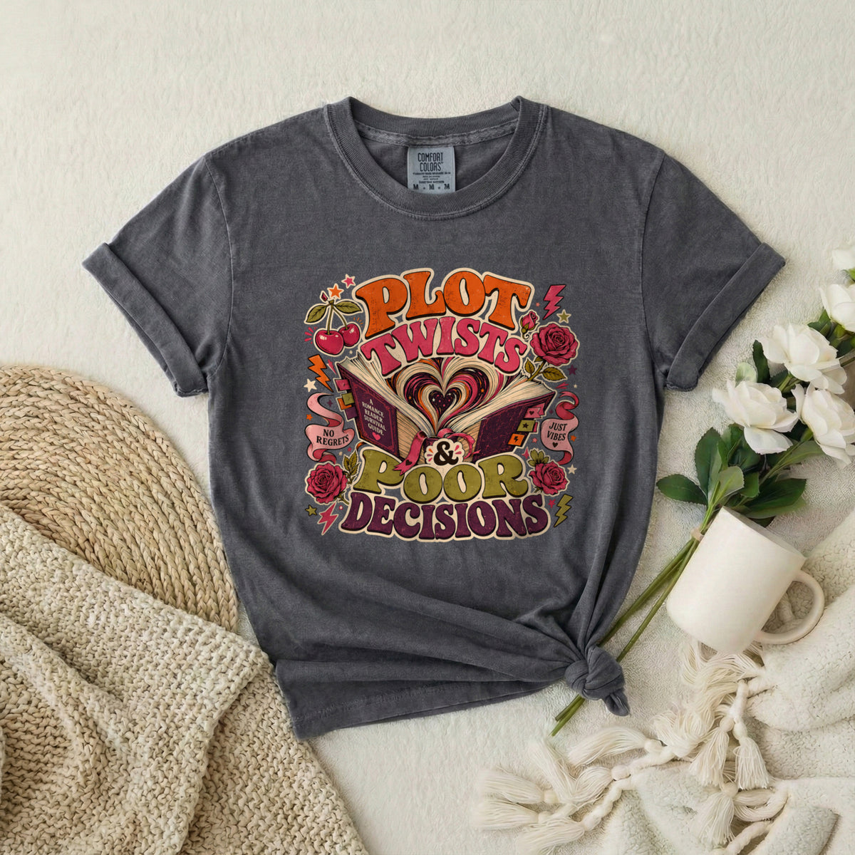 Plot Twists & Poor Decisions Graphic T-Shirt — Vintage Romance Novel Design