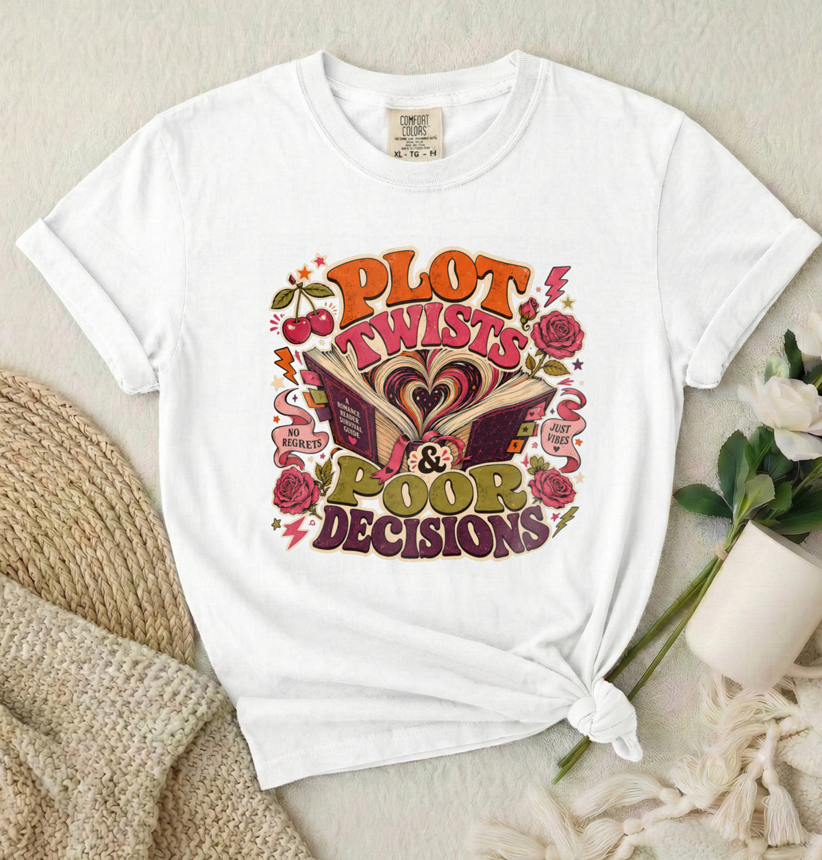 Plot Twists & Poor Decisions Graphic T-Shirt — Vintage Romance Novel Design