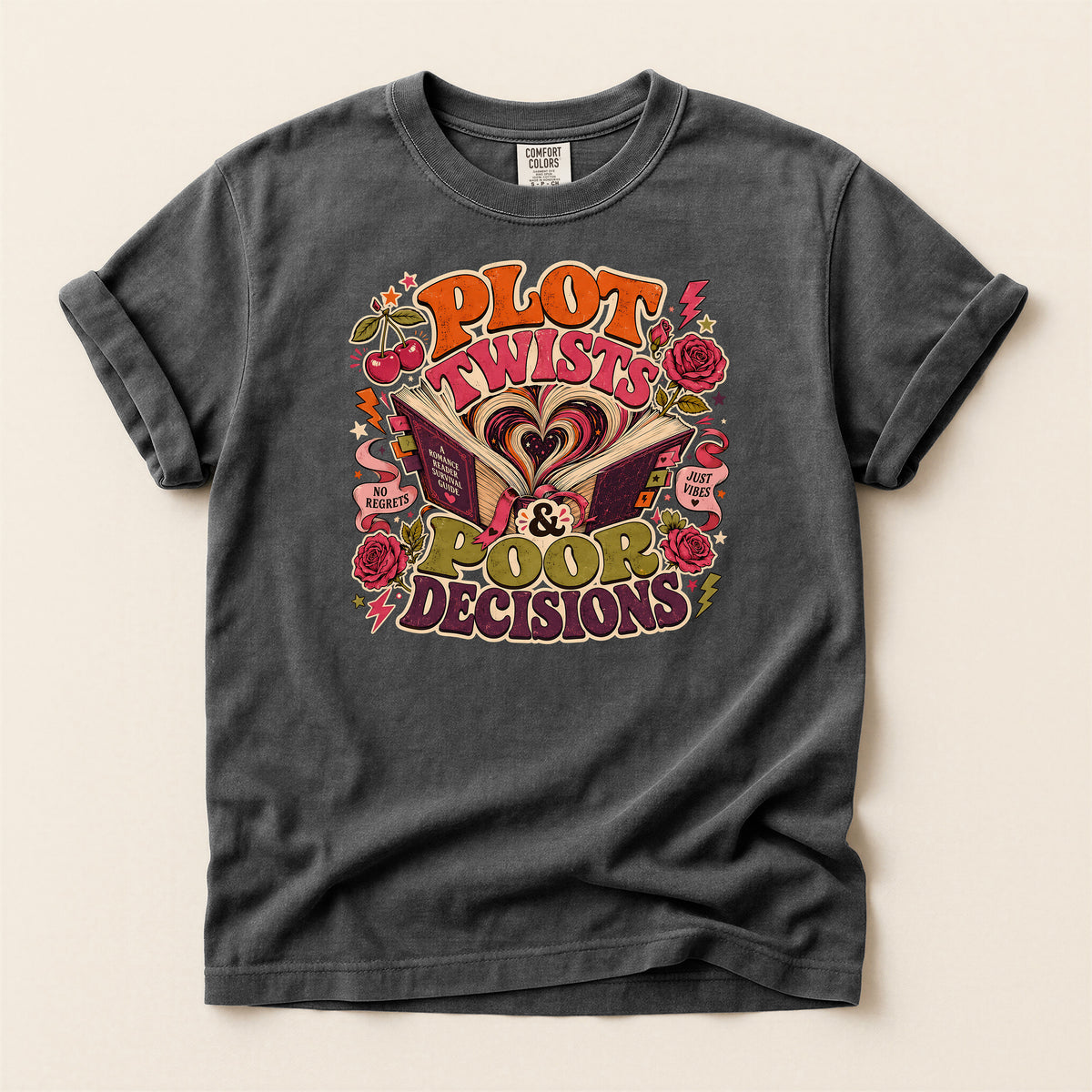 Plot Twists & Poor Decisions Graphic T-Shirt — Vintage Romance Novel Design