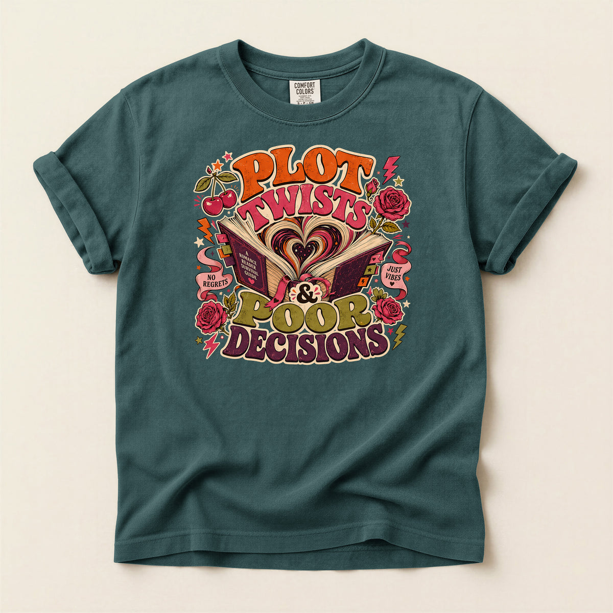 Plot Twists & Poor Decisions Graphic T-Shirt — Vintage Romance Novel Design