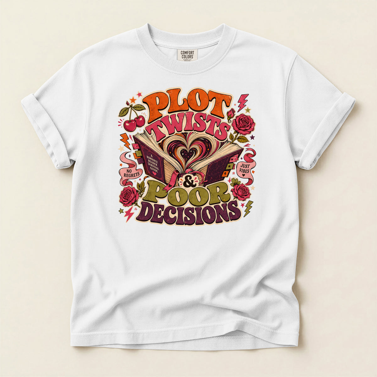 Plot Twists & Poor Decisions Graphic T-Shirt — Vintage Romance Novel Design
