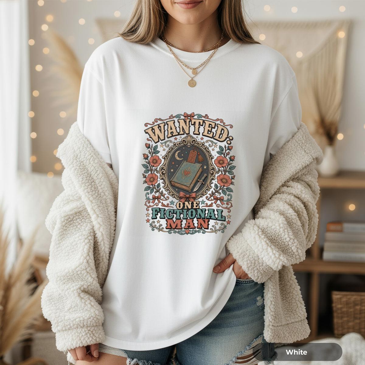 T-Shirt — "Wanted: One Fictional Man" Vintage Book Lover Graphic Tee