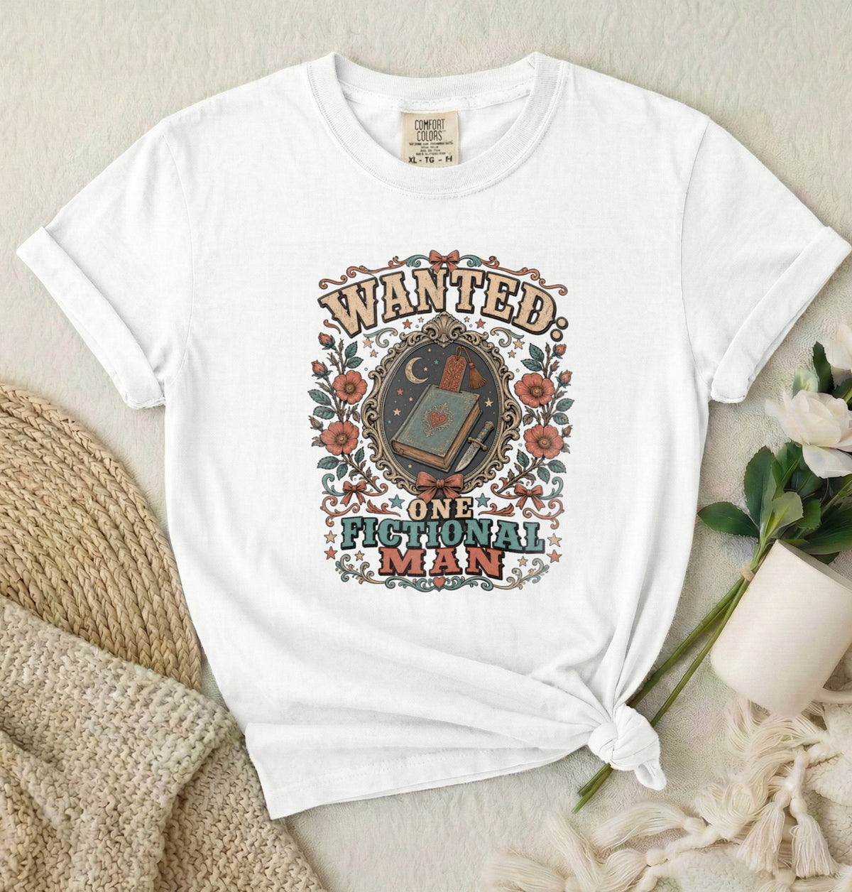 T-Shirt — "Wanted: One Fictional Man" Vintage Book Lover Graphic Tee