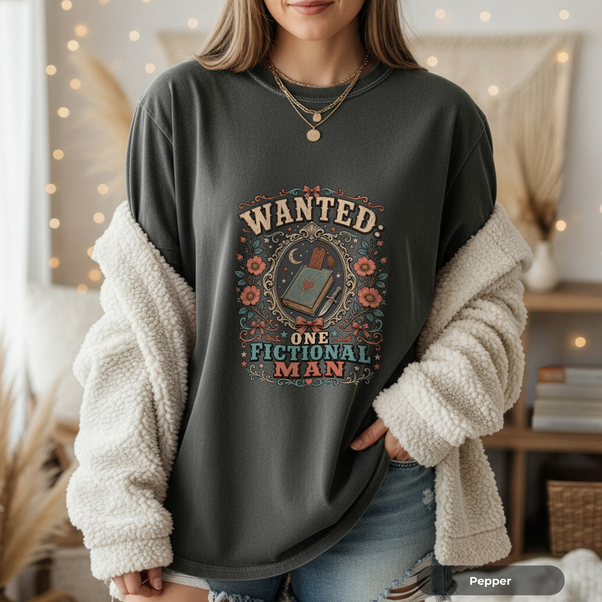 T-Shirt — "Wanted: One Fictional Man" Vintage Book Lover Graphic Tee