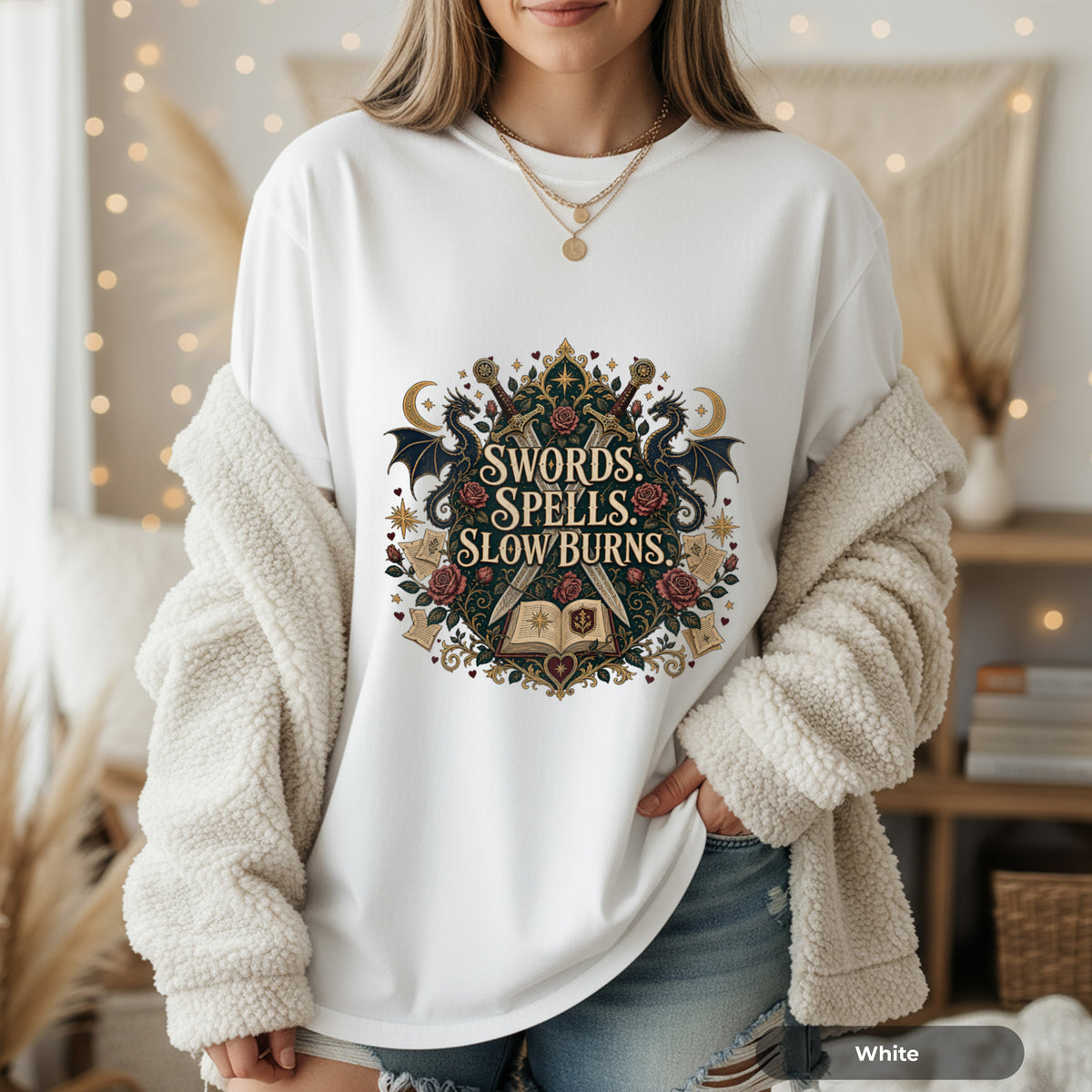 Fantasy Graphic T-Shirt — "Swords, Spells, Slow Burns" Magical Book & Dragon Design