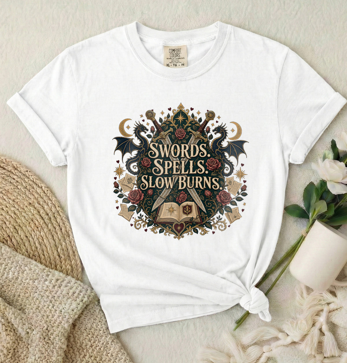 Fantasy Graphic T-Shirt — "Swords, Spells, Slow Burns" Magical Book & Dragon Design