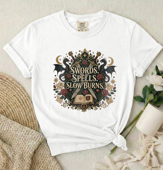 Fantasy Graphic T-Shirt — "Swords, Spells, Slow Burns" Magical Book & Dragon Design