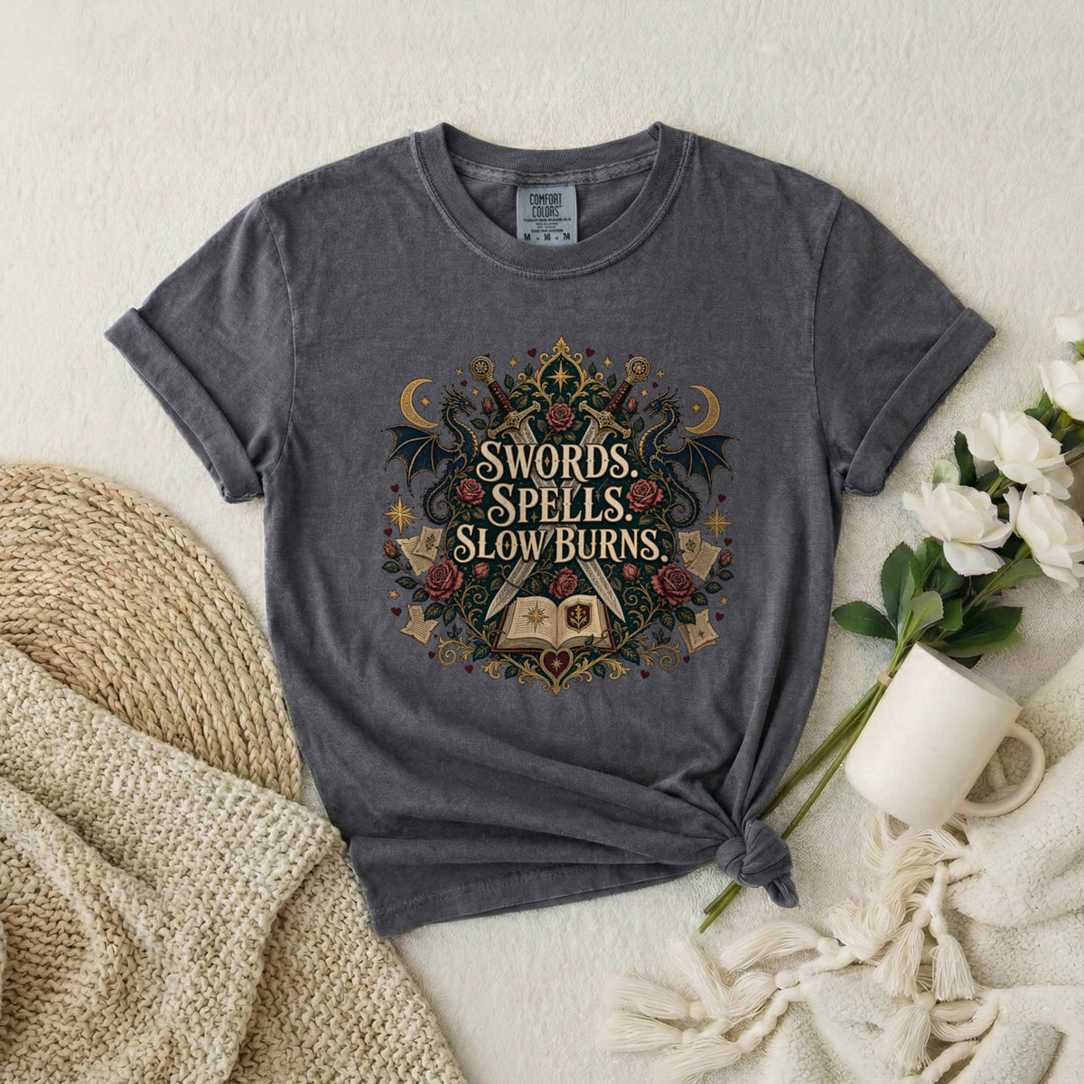 Fantasy Graphic T-Shirt — "Swords, Spells, Slow Burns" Magical Book & Dragon Design