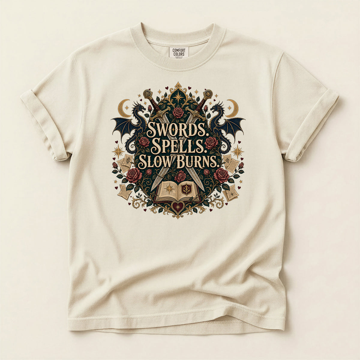 Fantasy Graphic T-Shirt — "Swords, Spells, Slow Burns" Magical Book & Dragon Design