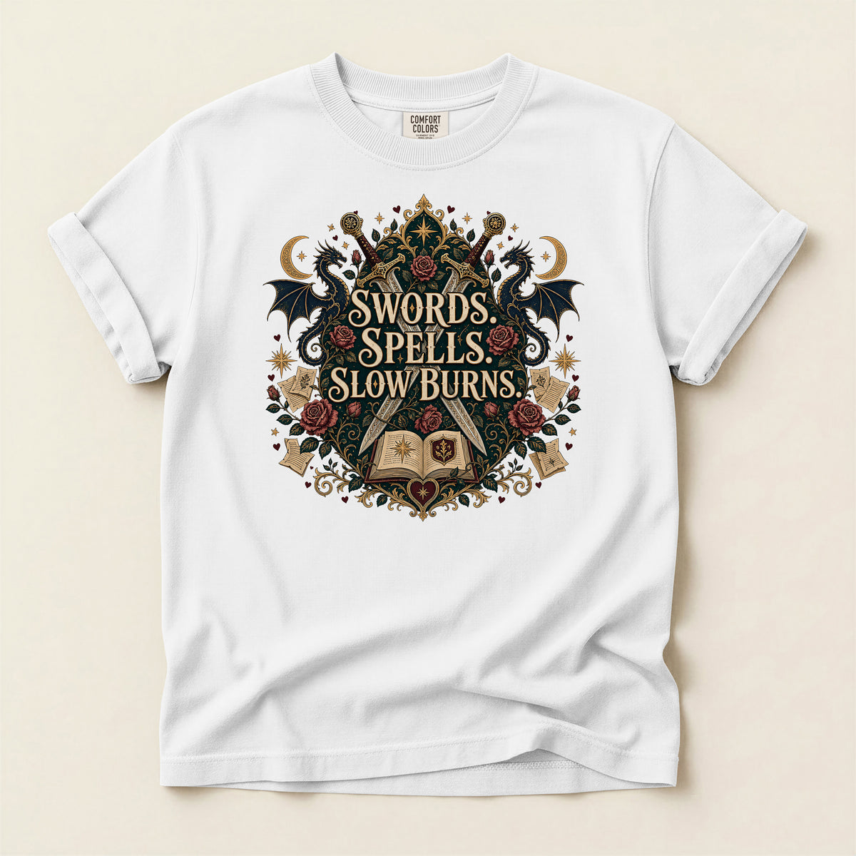 Fantasy Graphic T-Shirt — "Swords, Spells, Slow Burns" Magical Book & Dragon Design
