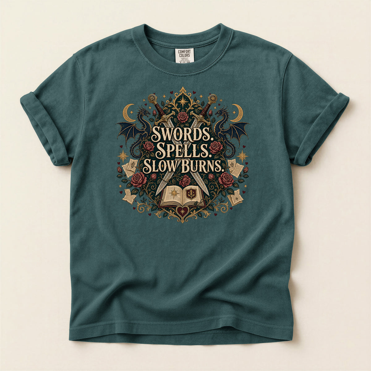 Fantasy Graphic T-Shirt — "Swords, Spells, Slow Burns" Magical Book & Dragon Design