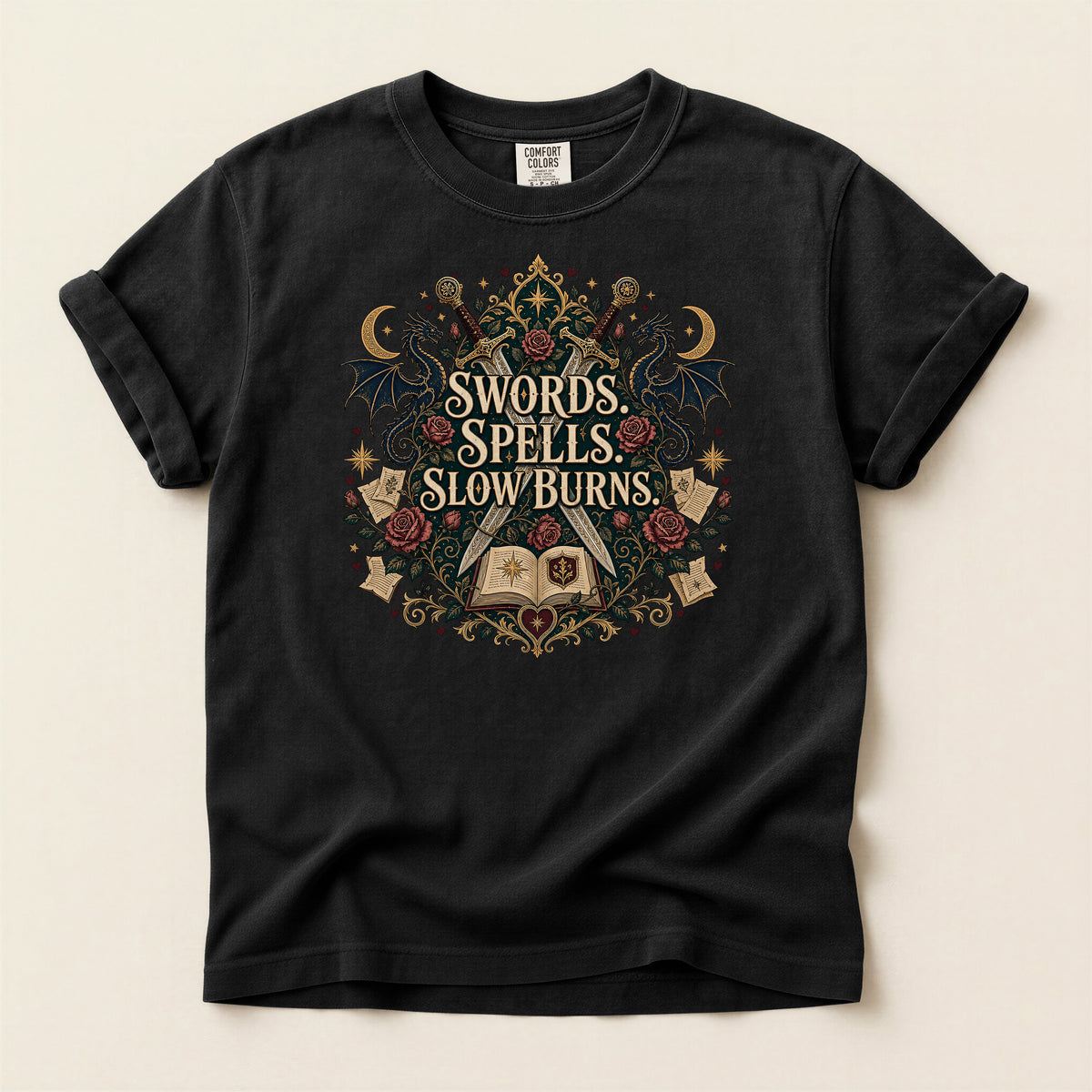 Fantasy Graphic T-Shirt — "Swords, Spells, Slow Burns" Magical Book & Dragon Design