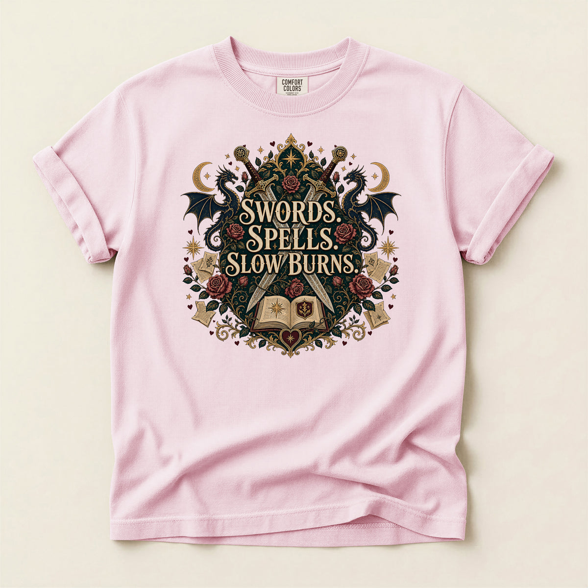 Fantasy Graphic T-Shirt — "Swords, Spells, Slow Burns" Magical Book & Dragon Design