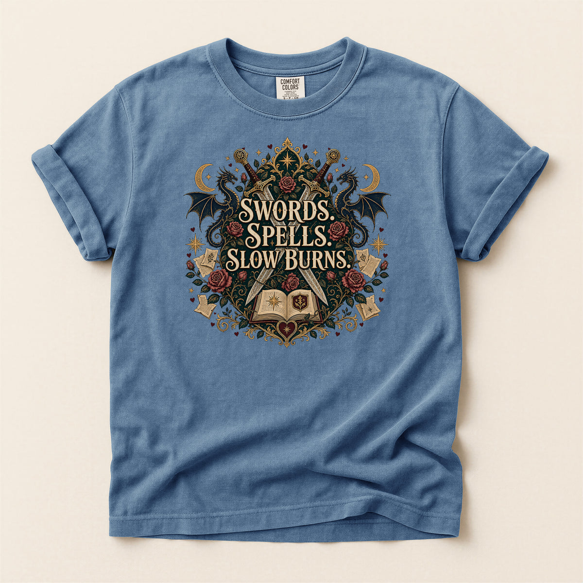 Fantasy Graphic T-Shirt — "Swords, Spells, Slow Burns" Magical Book & Dragon Design