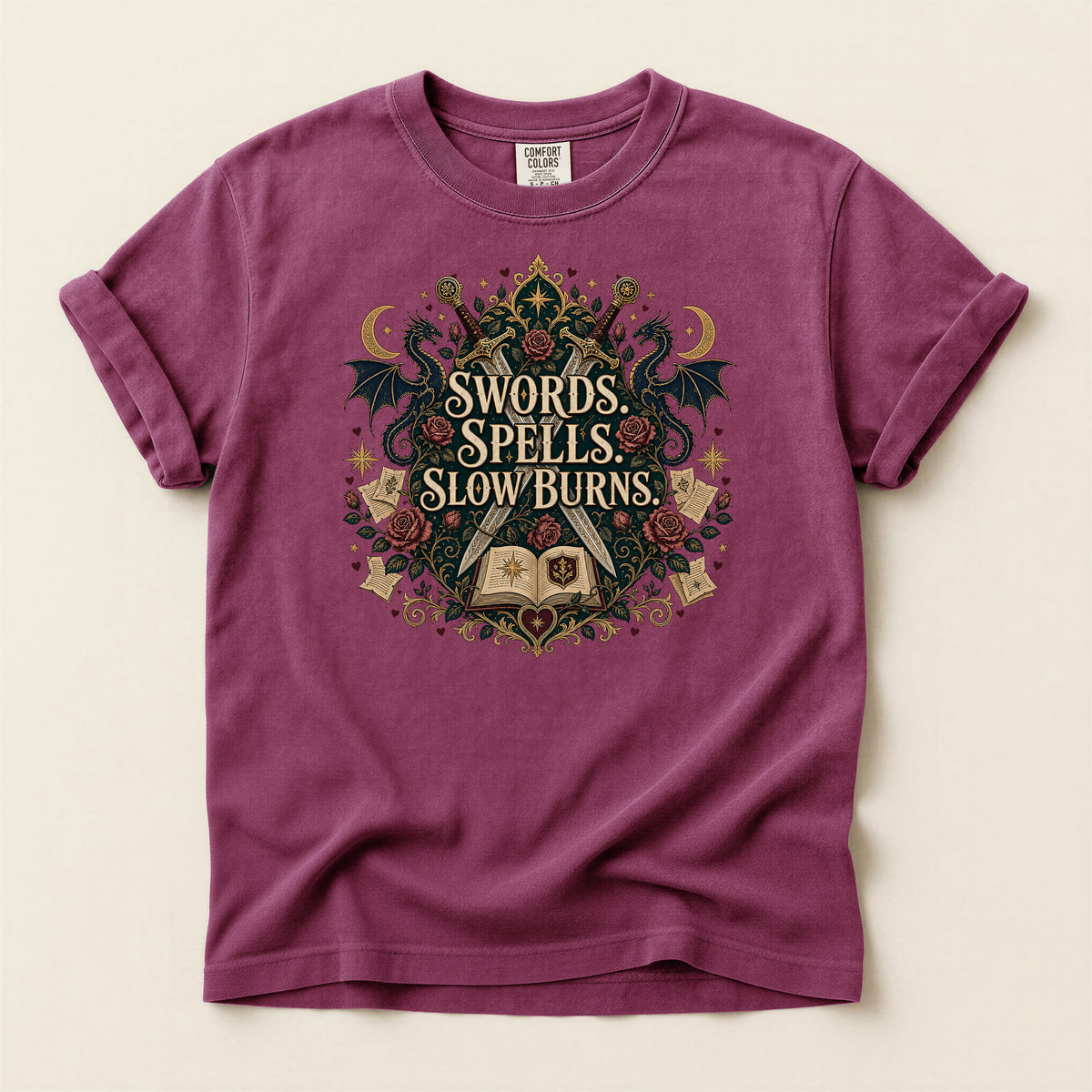 Fantasy Graphic T-Shirt — "Swords, Spells, Slow Burns" Magical Book & Dragon Design