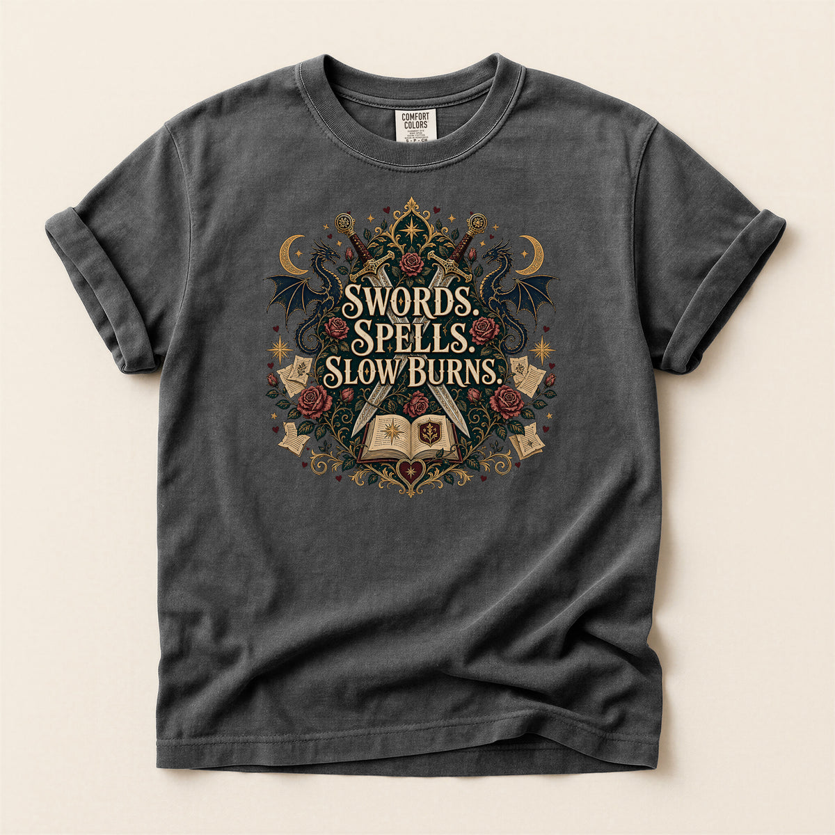 Fantasy Graphic T-Shirt — "Swords, Spells, Slow Burns" Magical Book & Dragon Design