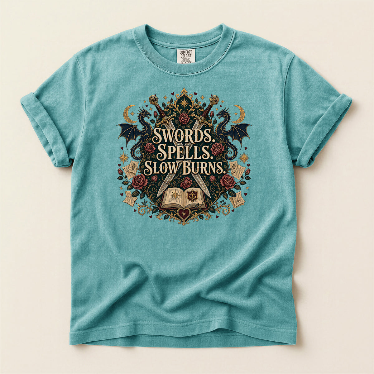 Fantasy Graphic T-Shirt — "Swords, Spells, Slow Burns" Magical Book & Dragon Design
