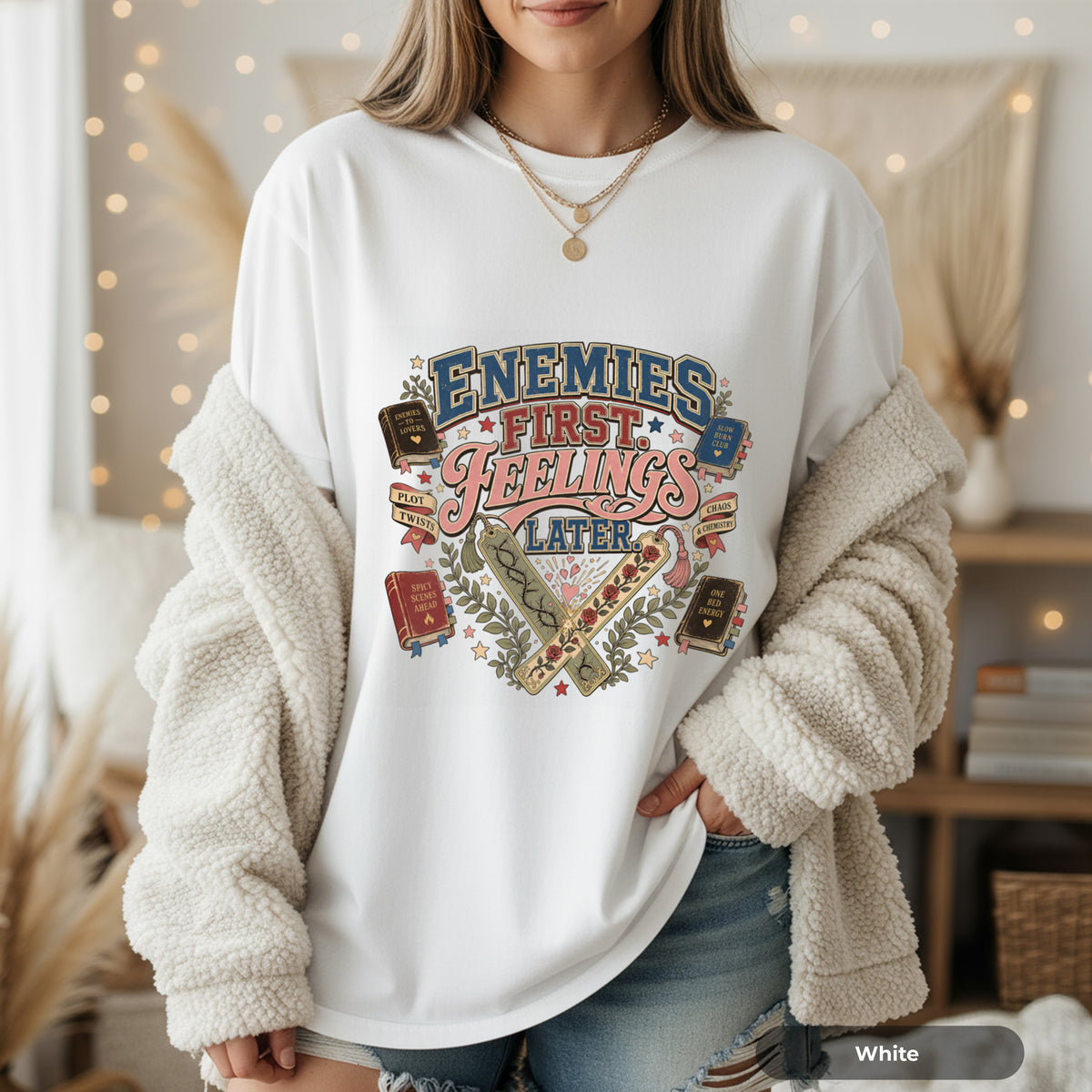 T-Shirt — 'Enemies First, Feelings Later' Vintage Bookish Graphic Tee