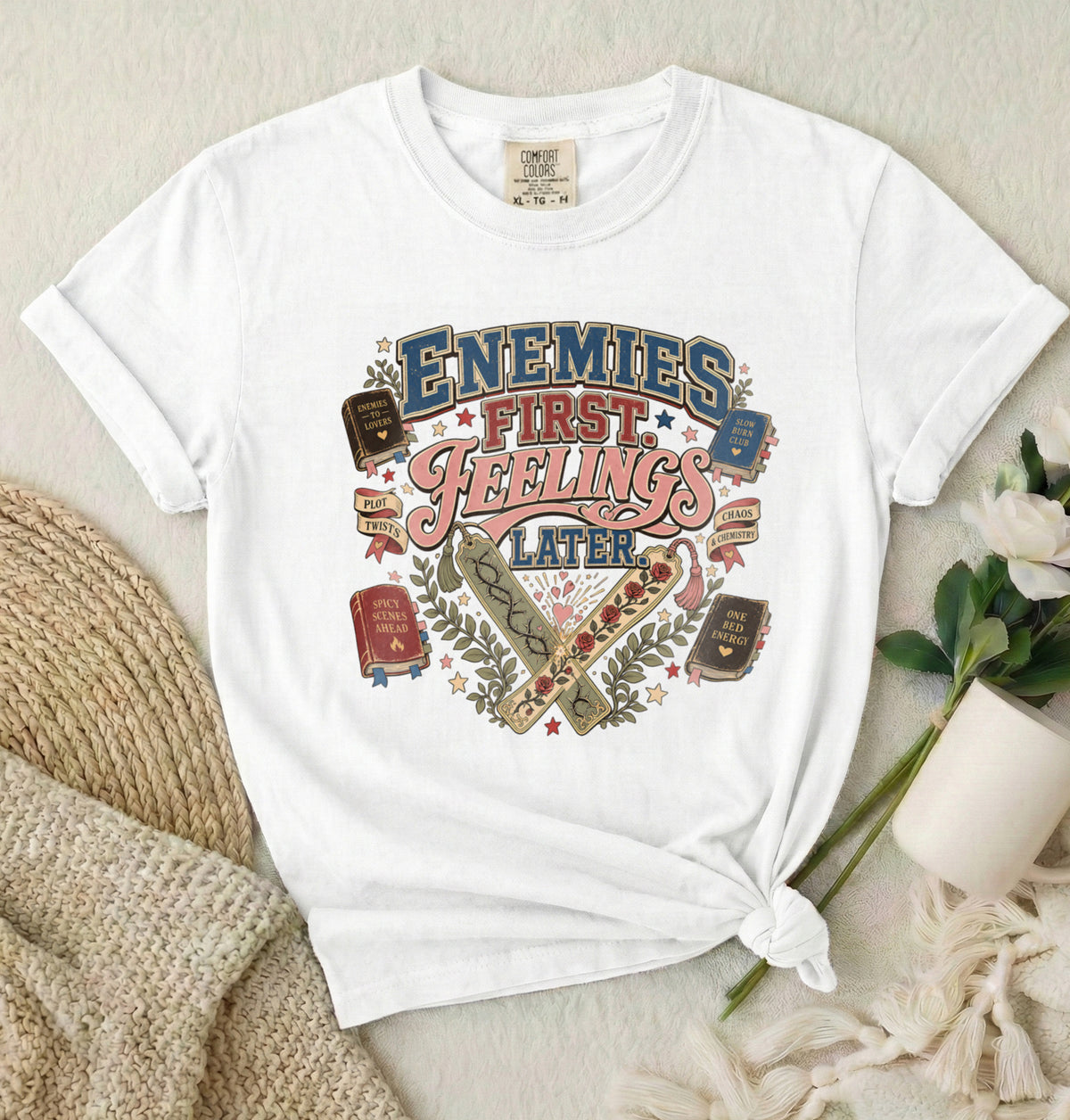 T-Shirt — 'Enemies First, Feelings Later' Vintage Bookish Graphic Tee