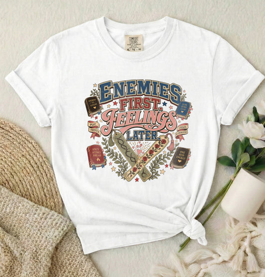 T-Shirt — 'Enemies First, Feelings Later' Vintage Bookish Graphic Tee