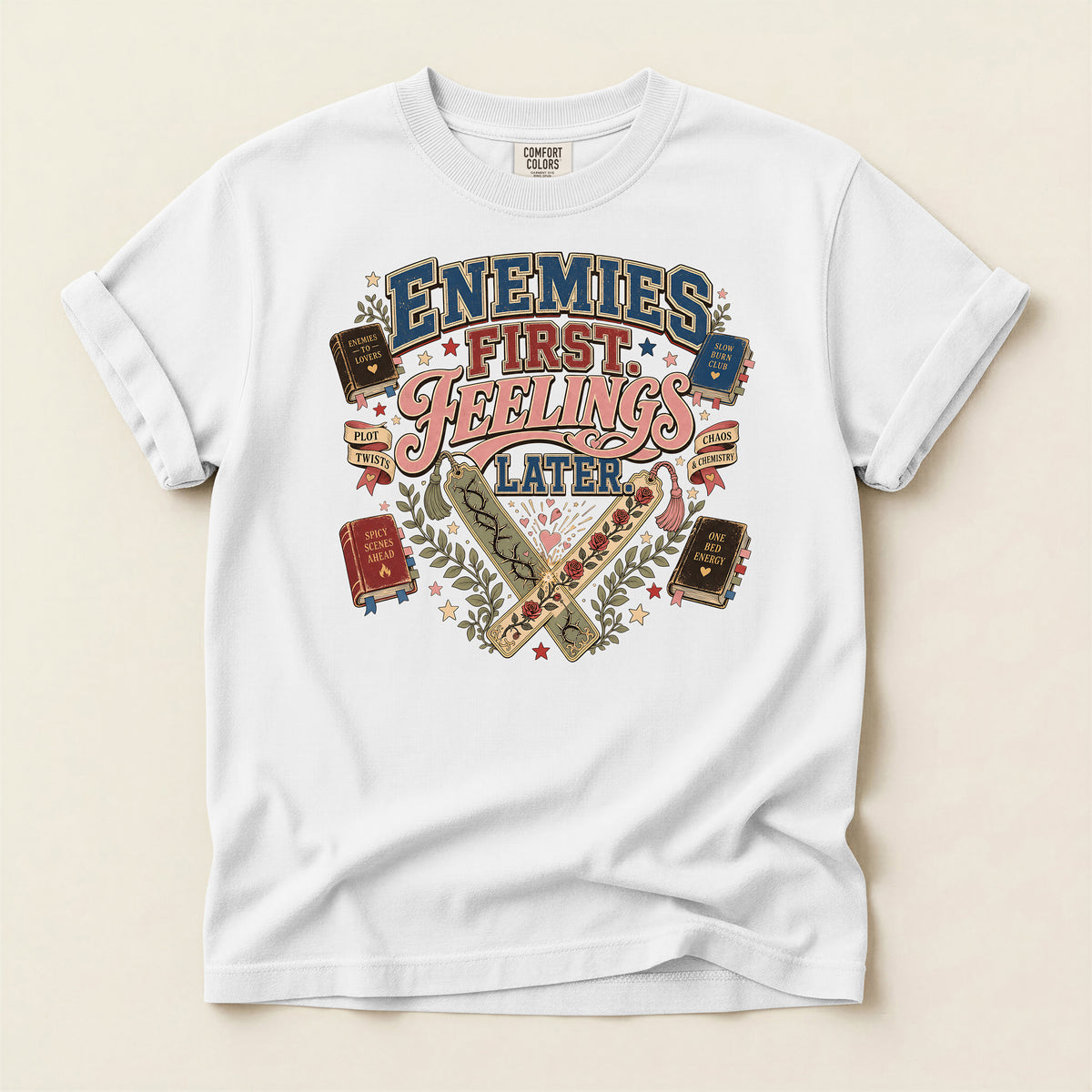 T-Shirt — 'Enemies First, Feelings Later' Vintage Bookish Graphic Tee