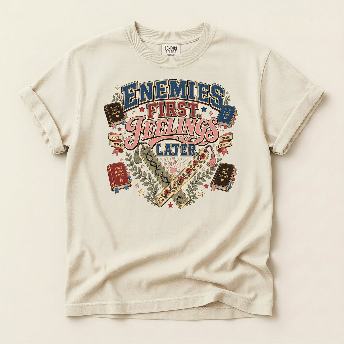 T-Shirt — 'Enemies First, Feelings Later' Vintage Bookish Graphic Tee