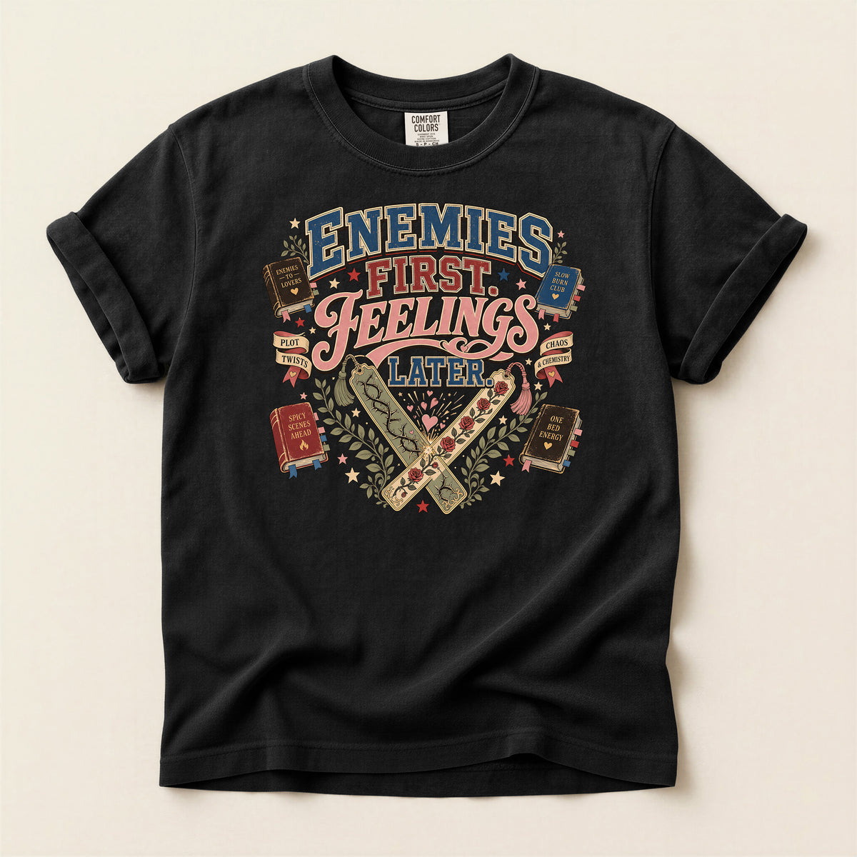 T-Shirt — 'Enemies First, Feelings Later' Vintage Bookish Graphic Tee