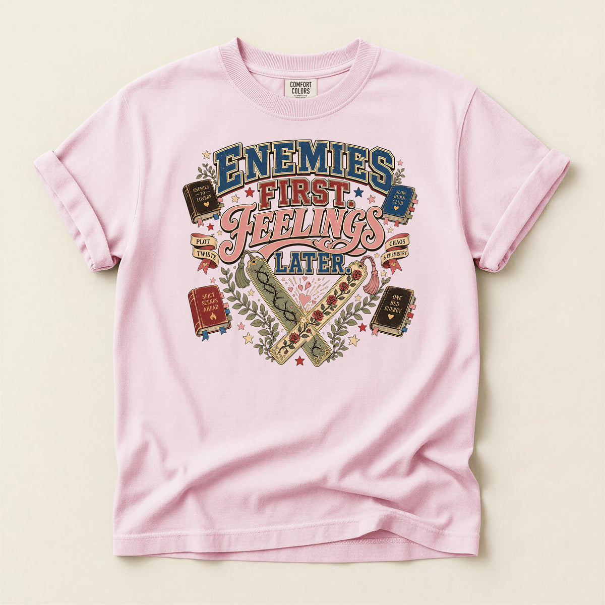 T-Shirt — 'Enemies First, Feelings Later' Vintage Bookish Graphic Tee