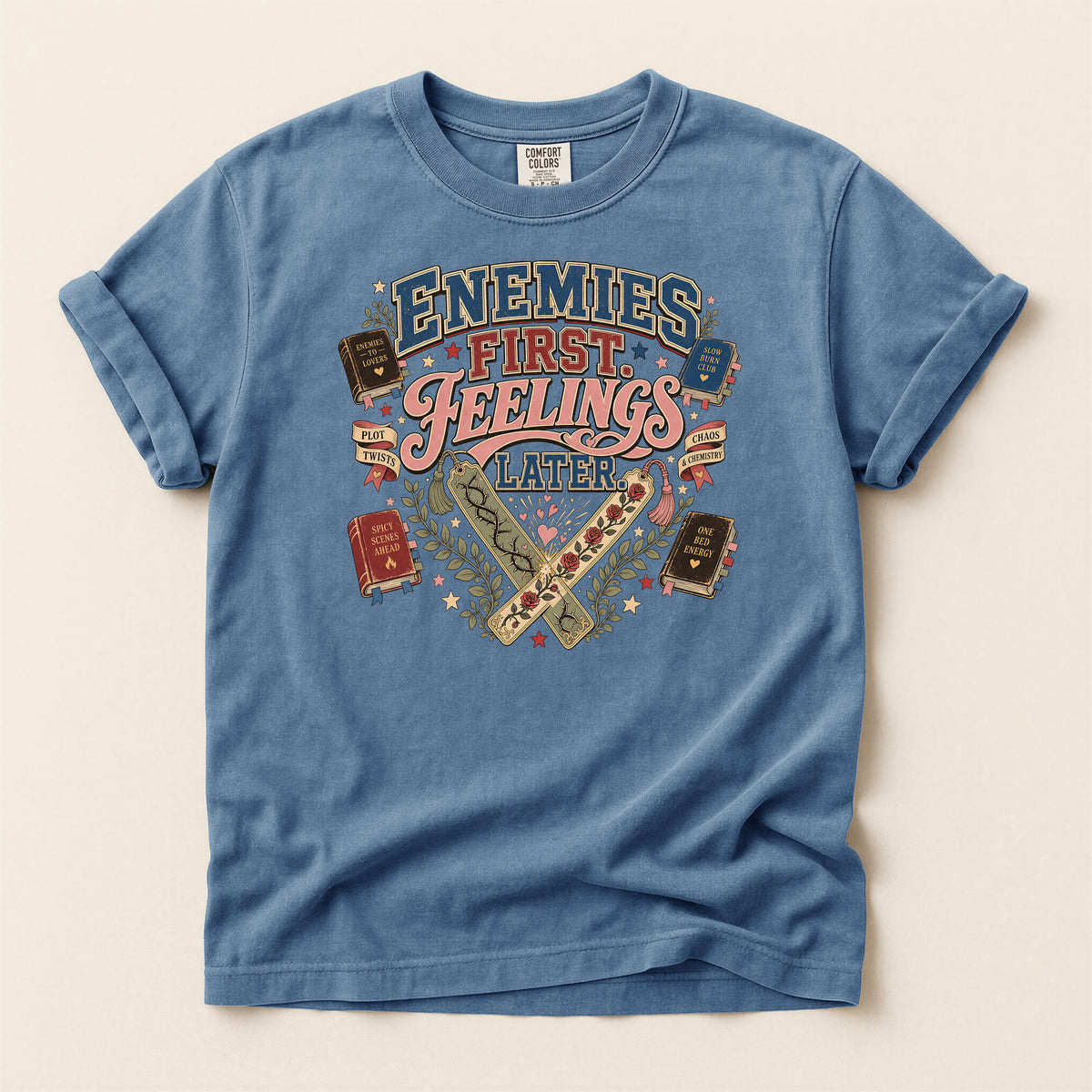 T-Shirt — 'Enemies First, Feelings Later' Vintage Bookish Graphic Tee