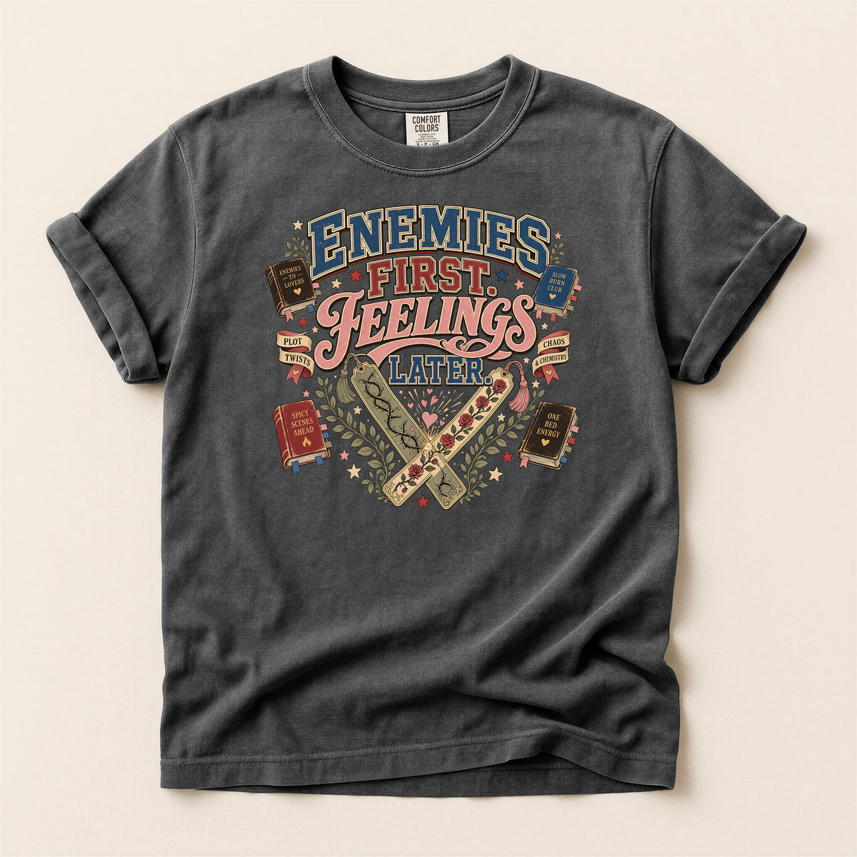T-Shirt — 'Enemies First, Feelings Later' Vintage Bookish Graphic Tee