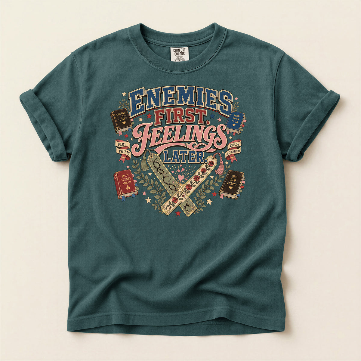 T-Shirt — 'Enemies First, Feelings Later' Vintage Bookish Graphic Tee