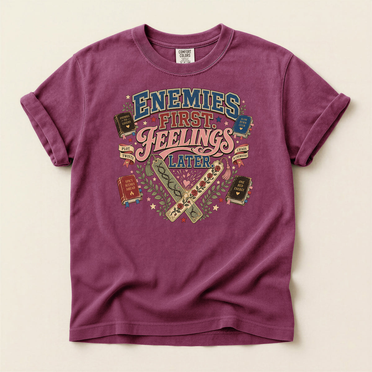 T-Shirt — 'Enemies First, Feelings Later' Vintage Bookish Graphic Tee