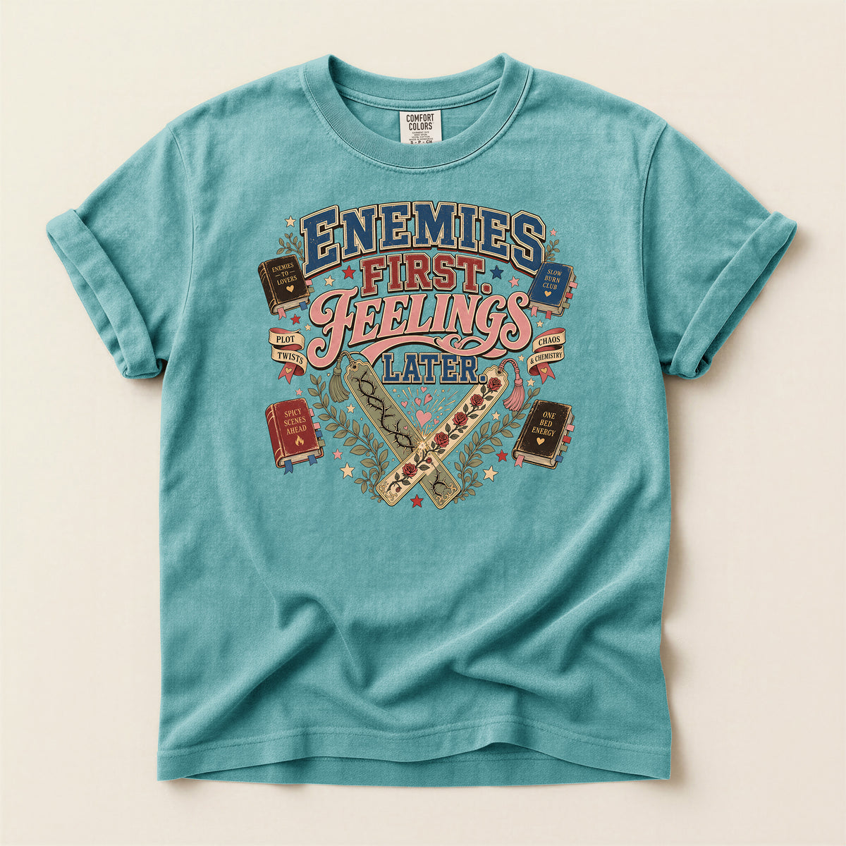T-Shirt — 'Enemies First, Feelings Later' Vintage Bookish Graphic Tee