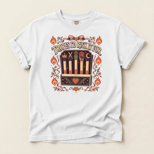 T-Shirt — “Tropes I’d Risk It For” Retro Matchbox Graphic
