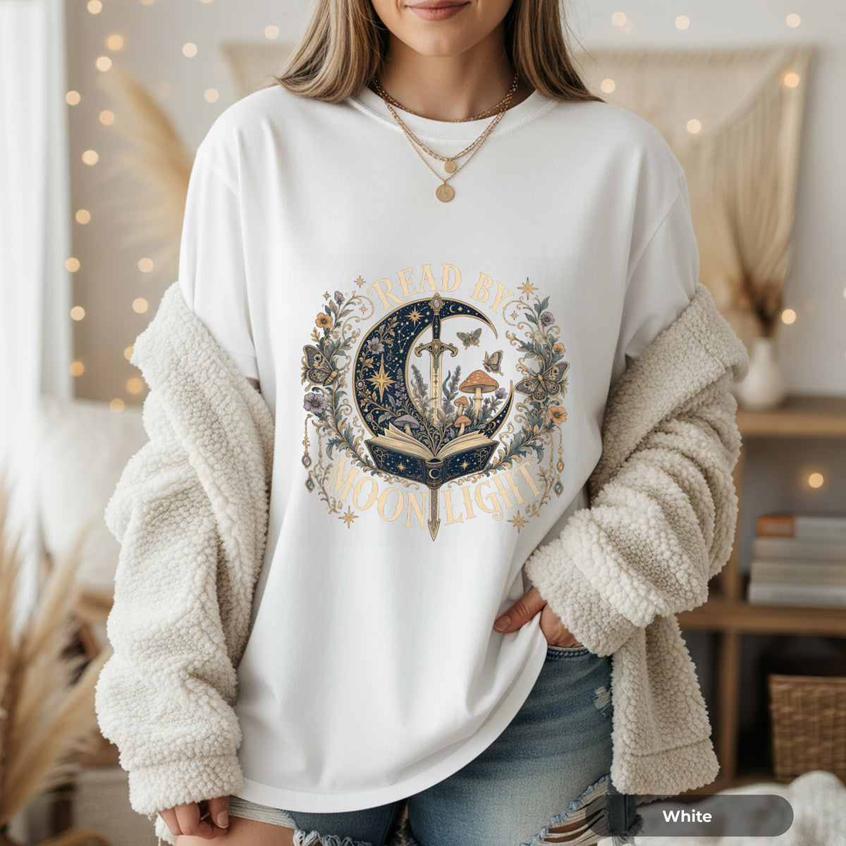 Read By Moonlight T-Shirt — Mystical Night Sky Book Lover Tee