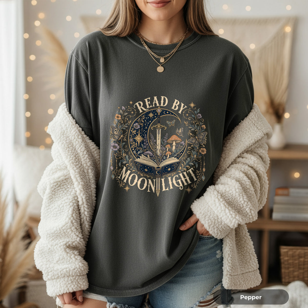 Read By Moonlight T-Shirt — Mystical Night Sky Book Lover Tee