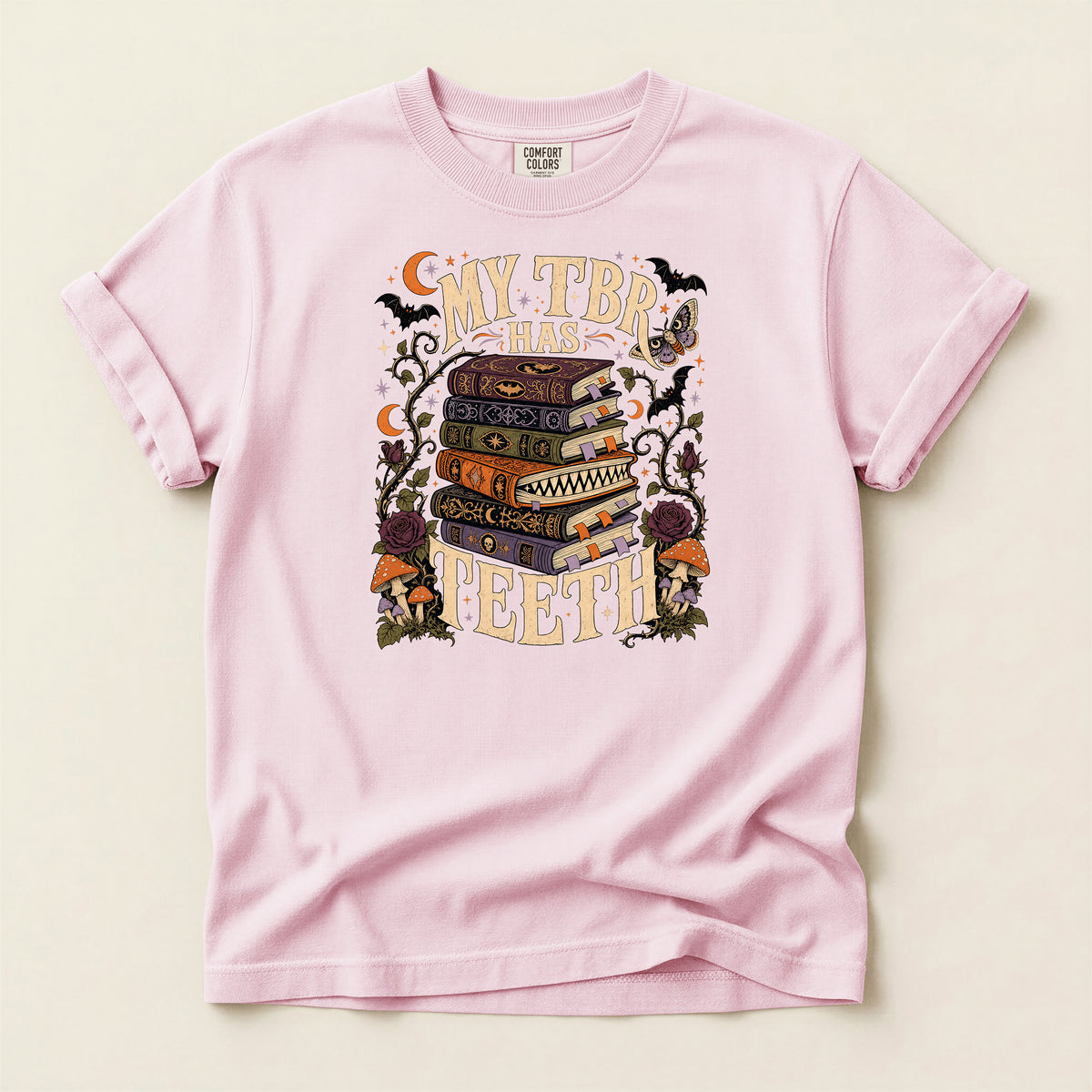 T-Shirt — “My TBR Has Teeth” Stack of Spooky Books Graphic Tee