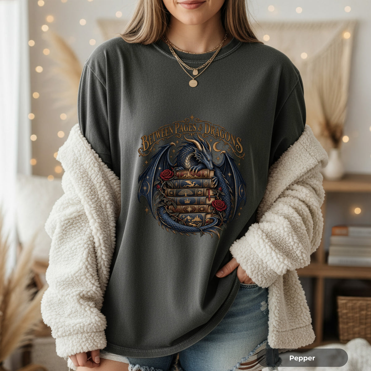 Between Pages & Dragons T-Shirt — Fantasy Book Lover Tee