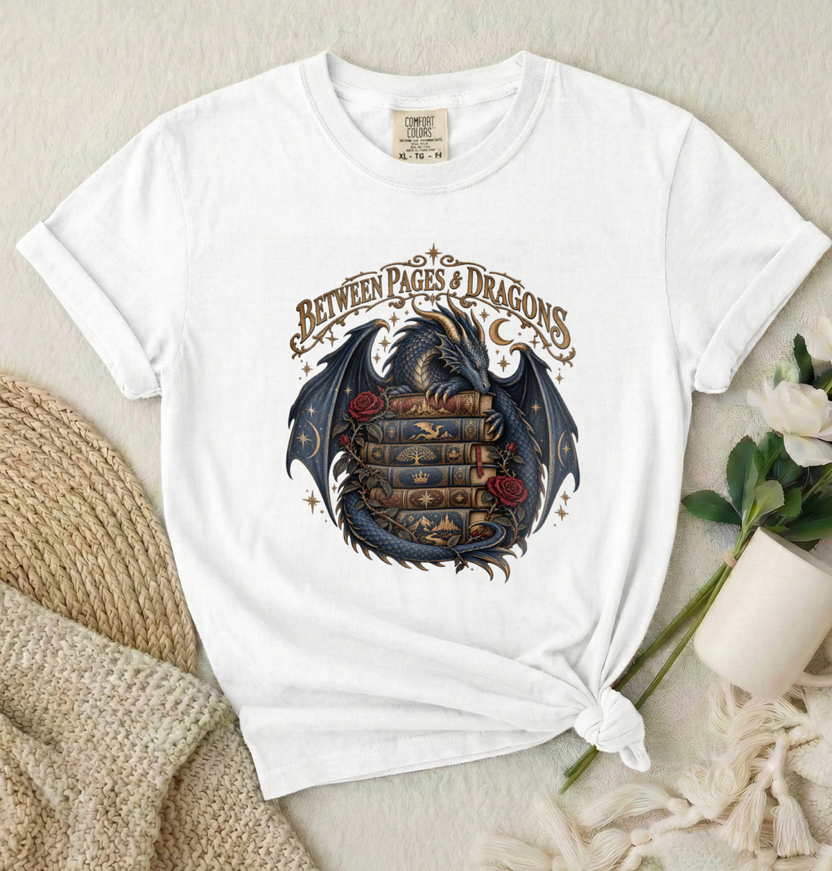 Between Pages & Dragons T-Shirt — Fantasy Book Lover Tee