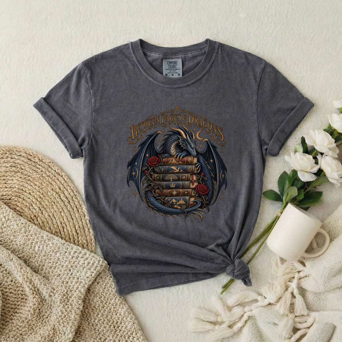 Between Pages & Dragons T-Shirt — Fantasy Book Lover Tee
