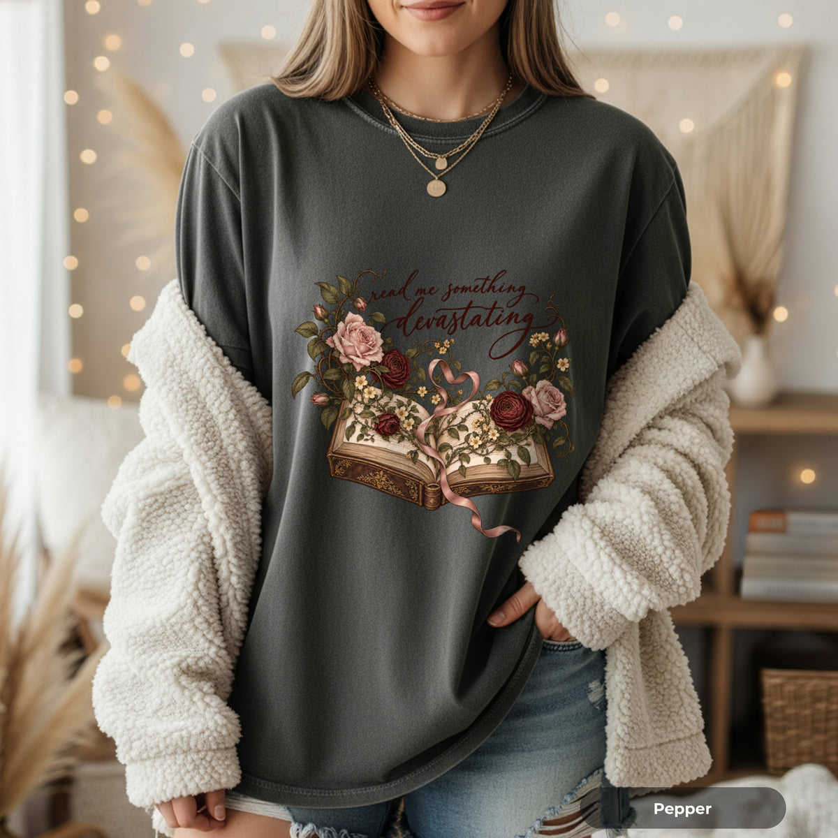 Floral Open Book T-Shirt — "Read Me Something Devastating" Vintage Poetry Tee