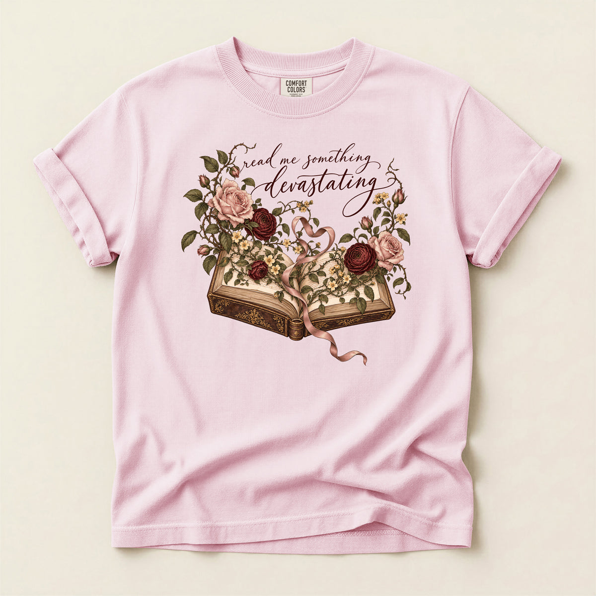 Floral Open Book T-Shirt — "Read Me Something Devastating" Vintage Poetry Tee
