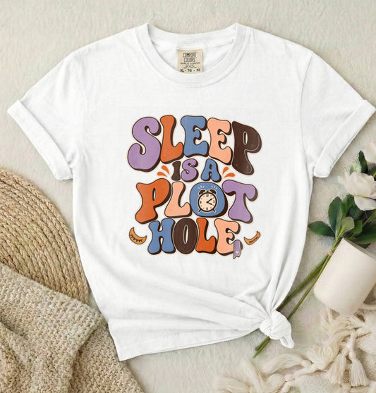 Sleep Is a Plot Hole T-Shirt — Retro Groovy Typography Tee