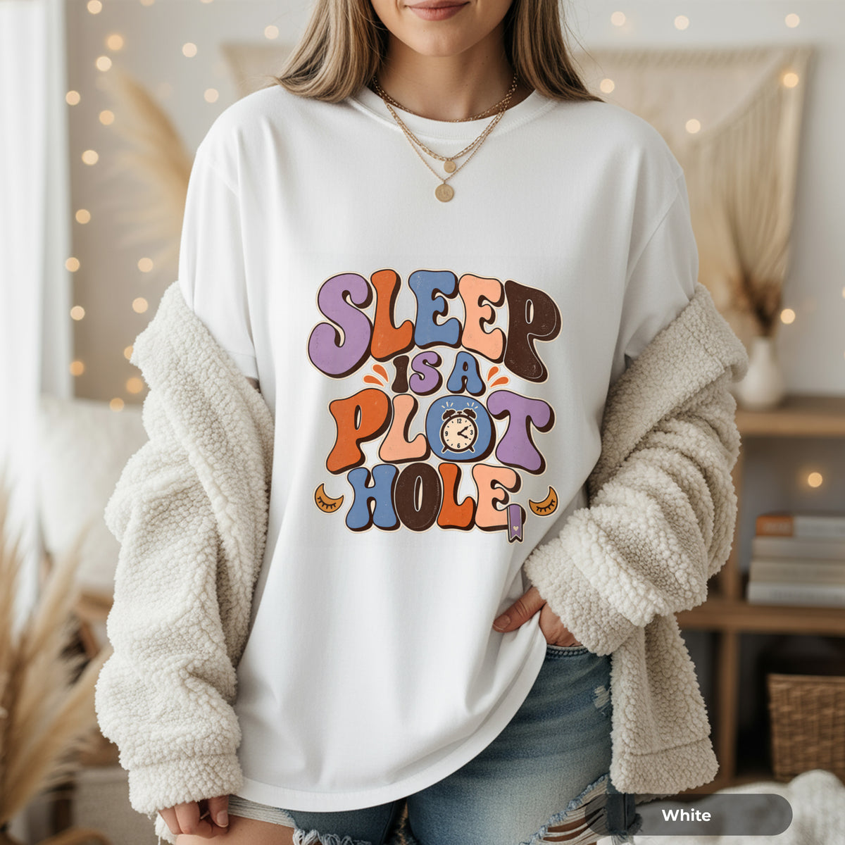 Sleep Is a Plot Hole T-Shirt — Retro Groovy Typography Tee