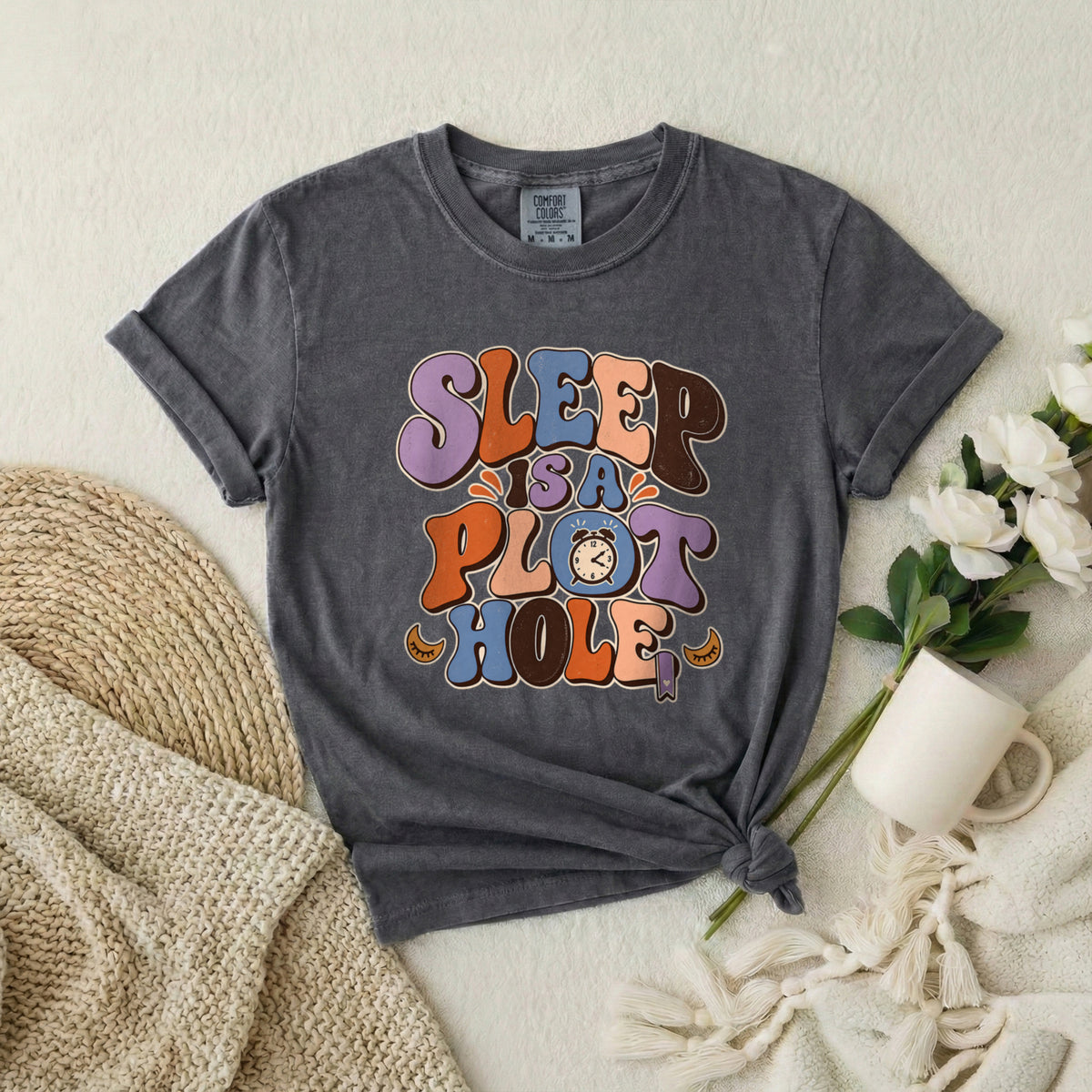 Sleep Is a Plot Hole T-Shirt — Retro Groovy Typography Tee
