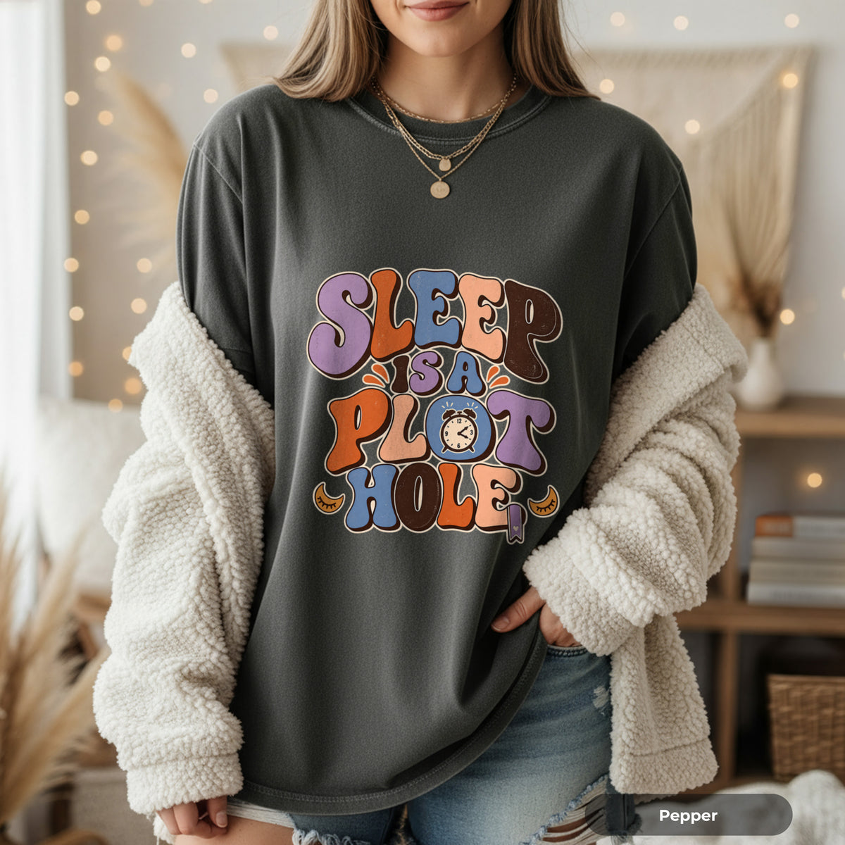 Sleep Is a Plot Hole T-Shirt — Retro Groovy Typography Tee